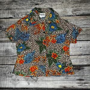 Y2K Leopard Floral Button Up Shirt Womens Medium Tropical Animal Print Blouse